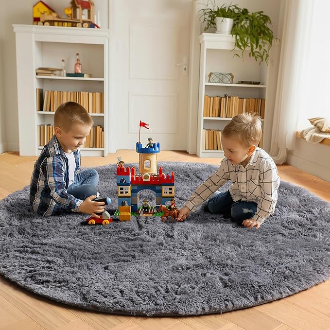 ONASAR Grey Round Area Rugs 6ft, Fluffy Gray Soft Bedroom Circle Rug for Kids Girls Boys Teen Room, Fuzzy Plush Shaggy Floor Carpet Mats for Dorm Nursery Living Room Playroom Home Office Decor