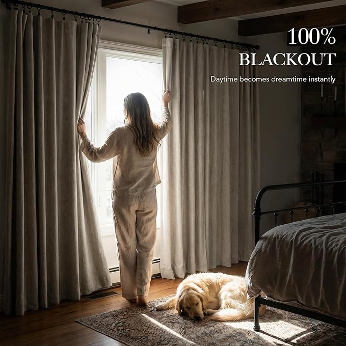 RYB HOME Warm Sand 100% Blackout Curtains for Bedroom, Linen Drapes Back Tab&Rod Pocket, Thermal Insulated Privacy Assurd Curtains for Sliding Glass Doors/Dining/Living Room, W52 x L102, 2 Panels