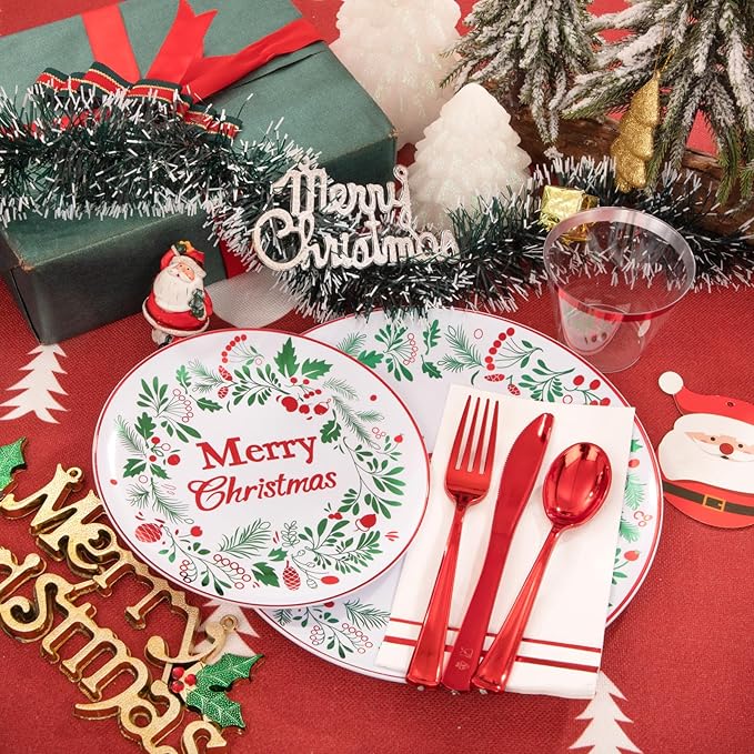 bUCLA 175PCS Christmas Plates Dinnerware Set - Green and Red Christmas Plastic Plates and Napkins Disposable Include 25 Dinner Plates,25 Dessert Plates,75 Cutlery,25 Cups&25 Napkins