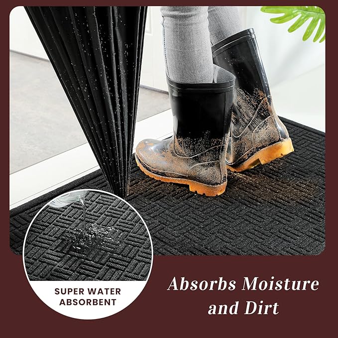 Mibao Front Door Mat Indoor Outdoor Entrance, Dirt Trapping Waterproof All-Season, All-Weather Doormat, Non-Slip Durable Natural Rubber Low Profile Easy Clean Patio Entrance Mat, 36" x 24", Black