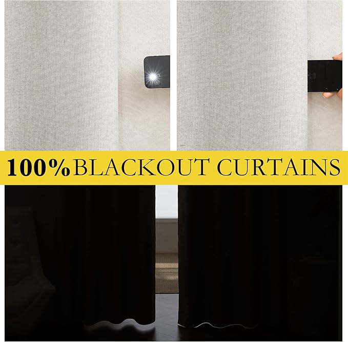 NICETOWN 100% Absolutely Blackout Linen Curtains with Thermal Insulated White Liner, Ivory, W52, 2 Pieces, Noise Reducing Textured Linen Look Curtains for Windows 102 inch Length for Classroom