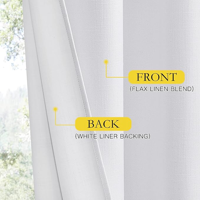 NICETOWN 100% Absolutely Blackout Linen Curtains with Thermal Insulated White Liner, White, W62, 2 Pieces, Noise Reducing Textured Linen Look Curtains for Windows 108 inch Length for Classroom