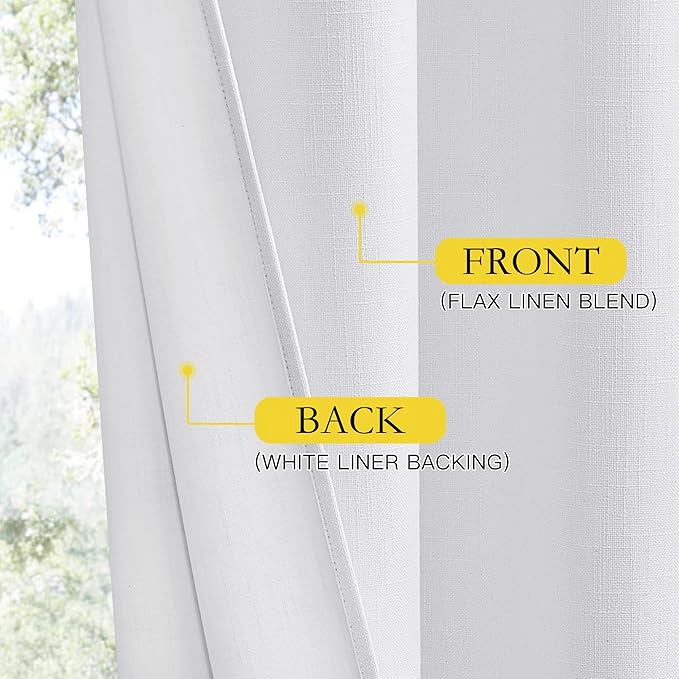 NICETOWN 100% Absolutely Blackout Linen Curtains with Thermal Insulated White Liner, White, 52 inches Wide, 72 inches Length Energy Saving Curtains for Living Room 2 Panels Set, Vertical Blinds