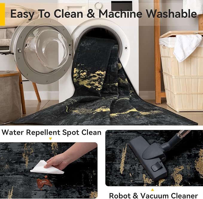 Washable Area Rugs 6'x8' Non-Slip Modern Abstract Soft for Living Room Entryway Bedroom Nursery, Print Pattern, Dark Black Gold