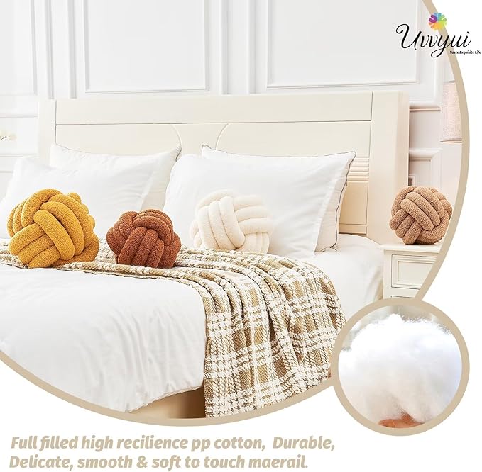 Uvvyui Knot Pillow Ball, Soft Home Decorative Pillows, Round Throw Pillow, Handmade Knotted Plush Pillow, Round Boucle Pillow Cushion (14 Inches Beige)