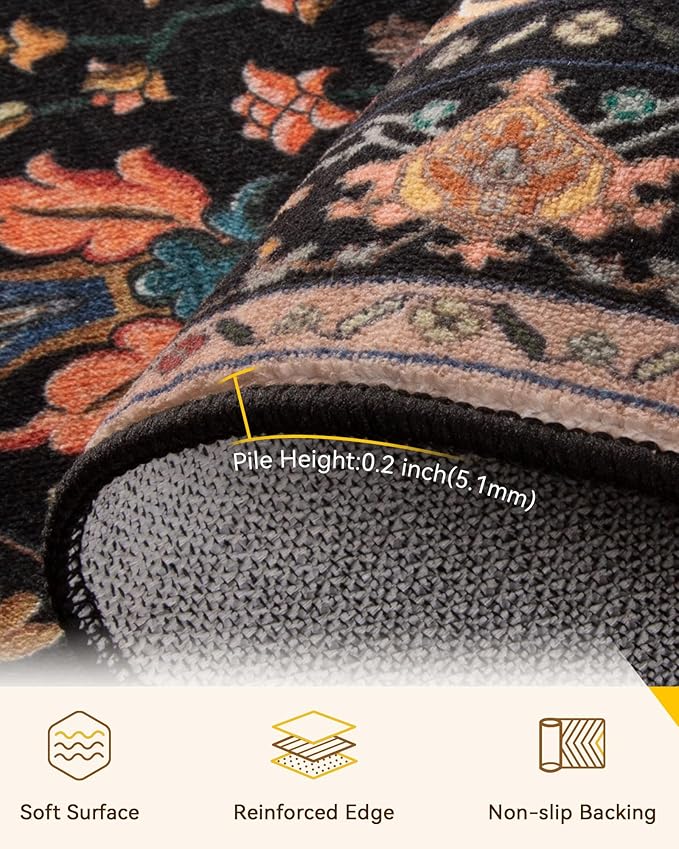 Area Rugs 2'6''x12' Runner Rug Non Slip Washable for Kitchen Hallway Bedroom Beside Laundry Room Bathroom Rug, Floor Carpet, Black Colorful Floral Dark Tan