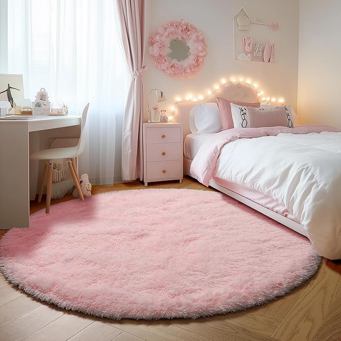 ONASAR Light Pink Round Area Rugs 3ft for Bedroom Living Room, Fluffy Cat Dog Bed Mat, Circle Rug for Kids Girls Boys Teen, Soft Plush Shaggy Carpet for Nursery Dorm Home Decor Aesthetic