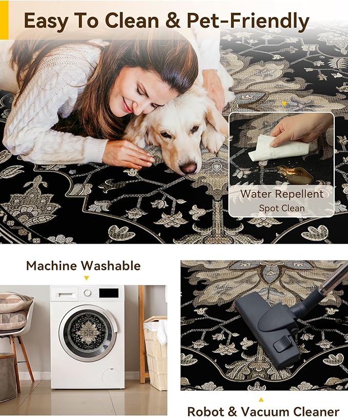 Area Rugs 4ft Washable Non-Slip, Floral Vintage Distress Print Pattern Medallion Carpet for Living Room Bedroom Dining Room, Black Brown Neutral Dark Tan