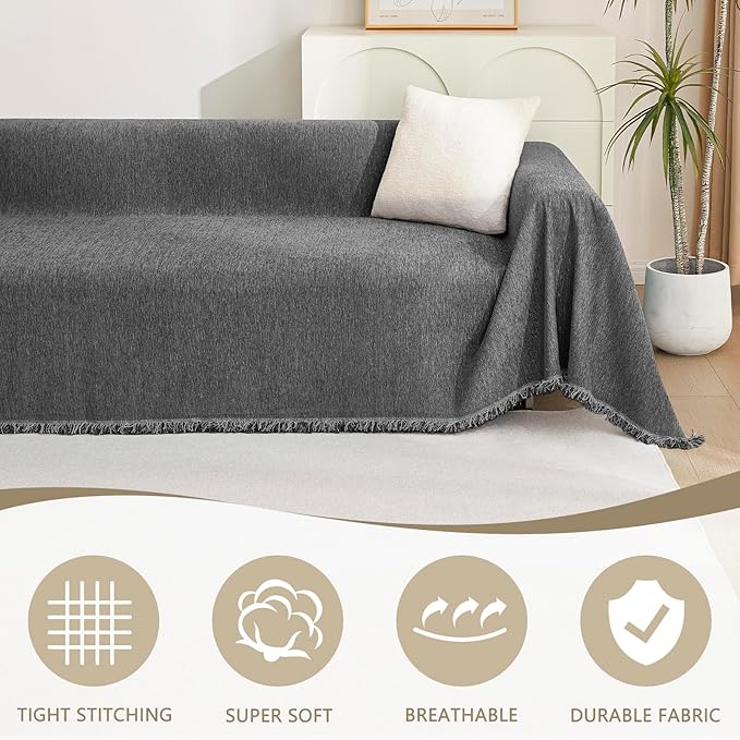 MYSKY HOME Boho Couch Cover Charcoal Gray Sofa Covers with Tassel Farmhouse Sofa Slipcover Simple Couch Protector for Dogs Chenille Sectional Couch Covers L Shaped Couch Cushion Covers, 91"x 134"