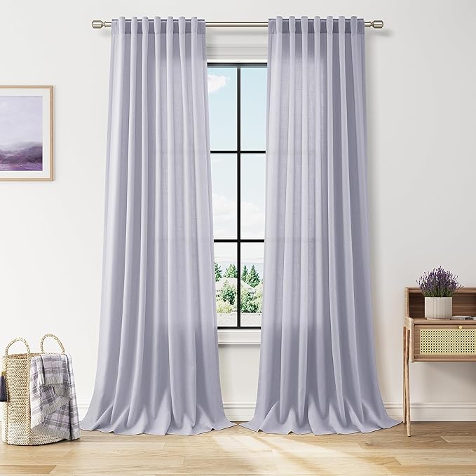 Nanspring Lavender Purple Linen Curtains 90 Inches Long for Living Room Boho Decor Light Filtering Semi Sheer Curtain Back Tab and Rod Pocket Modern Luxury Drapes for Bedroom Office 52x90, 2 Panels