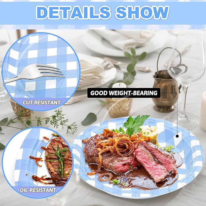 32 Pcs Blue Gingham Party Plates - 9 Inch Checkered Plaid Dessert Plates Disposable Blue and White Paper Plate - For Picnic BBQ Birthday Dinner Party Supplies
