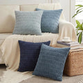 Fancy Homi Set of 4 Blue Decorative Throw Pillow Covers 14x14 Inch for Couch Bed Chair, Modern Farmhouse Boho Room Decor, Soft Fuzzy Corduroy Textured Striped Coastal Blue Cushion Case 35cm