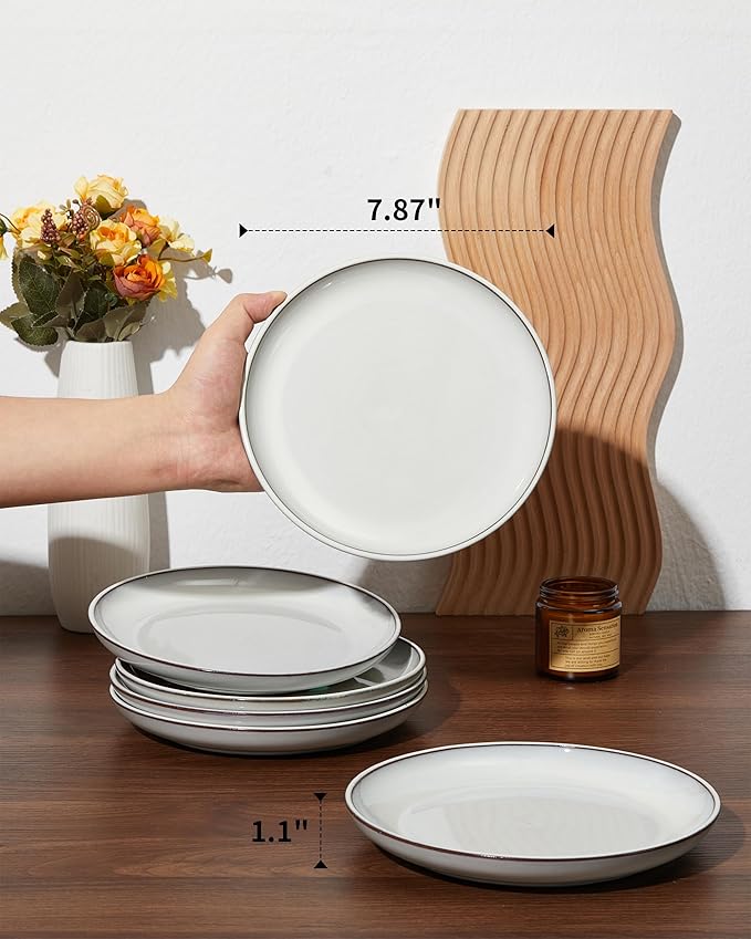 Salad Plates Set of 6, Microwave Safe Plates for Dessert, Appetizer, Scratch Resistant and Dishwasher Safe, Moonstone White