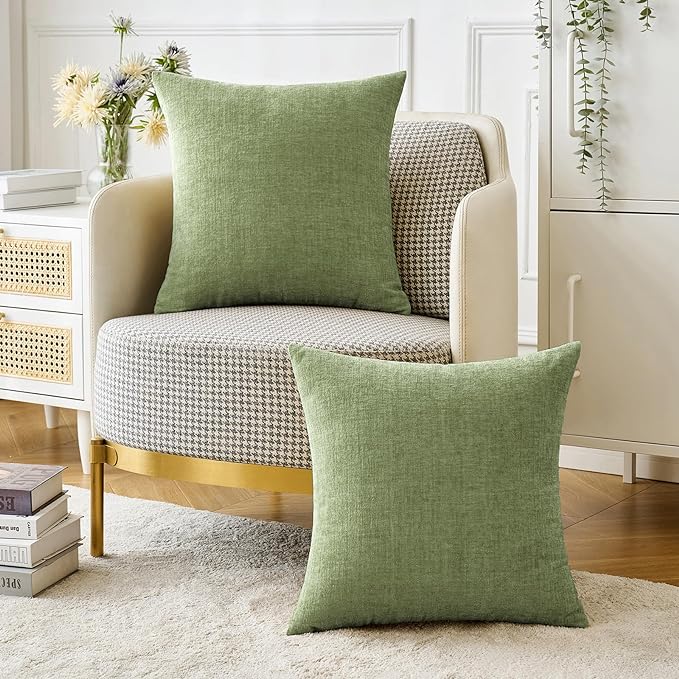 MIULEE Pack of 2 Couch Throw Pillow Covers 18x18 Inch Spring Soft Sage Green Chenille Pillow Covers for Sofa Living Room Solid Dyed Pillow Cases