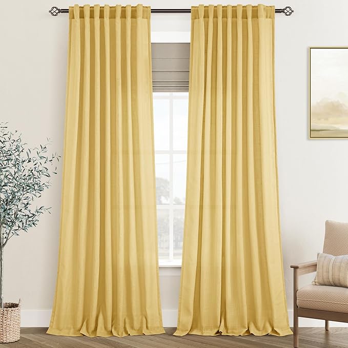Gold Curtains for Living Room Back Tab Modern Farmhouse Semi Sheer Curtains 84 inches Long 2 Panels Set Muted Neutral Window Curtain for Dining Room Bedroom 52x84