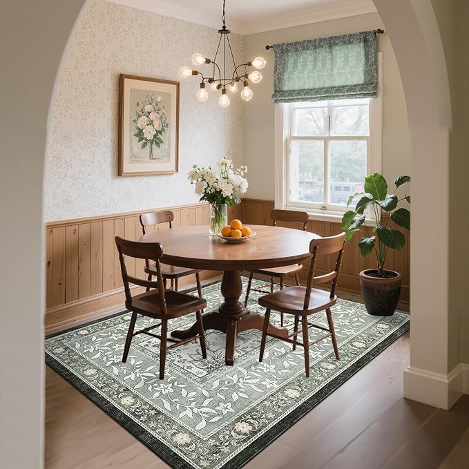 GarveeHome Provence 10x13 Area Rug for Living Room, Botanical Grove Soft Cottagecore Washable Rug for Bedroom Dining Nursery Low-Pile Vintage Large Carpet Gray Fog Green