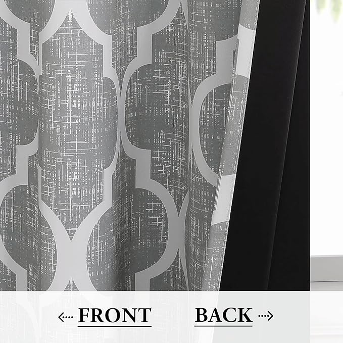 Beauoop 100% Blackout Curtains 63 Inches Long 2 Panels for Bedroom Living Room Grey Moroccan Geo Room Darkening Thermal Insulated Soundproof Grommet Top Window Treatments Drapes, 50x63 Set of 2