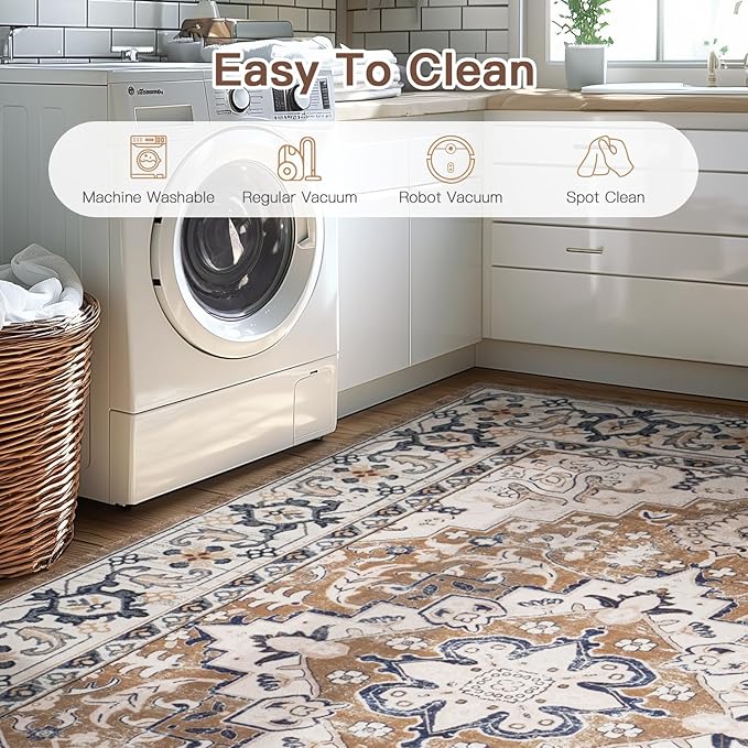 Lofus 9x12 Area Rugs for Living Room, Washable Area Rug, Rugs for Bedroom, Kitchen, Vintage Boho Carpet, Soft Non-Slip, Low Pile Large Area Rug for Office Dining Room, Floral Brown