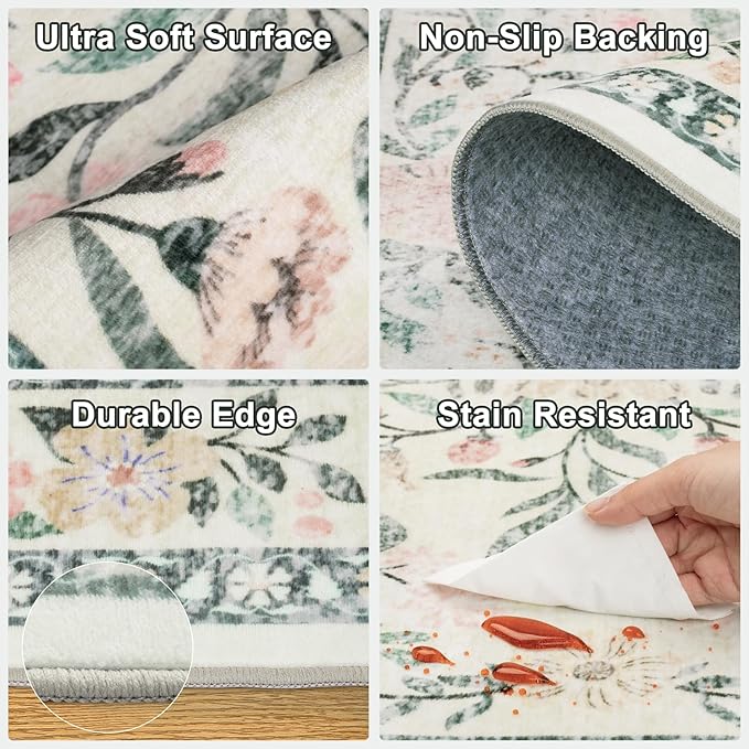 Round Area Rug for Living Room: 6 ft Floral Washable Circle Rug Soft Non-Slip Carpet Indoor Stain Resistant Low Pile Small Circular Rug for Bedroom Entryway Kitchen Nursery Home Office Green Beige