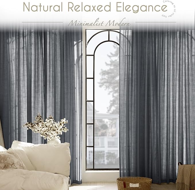 Dark Gray Curtains for Living Room Back Tab Modern Farmhouse Semi Sheer Gray Curtains 90 inches Long 2 Panels Set Muted Neutral Window Curtain for Dining Room Bedroom 52x90