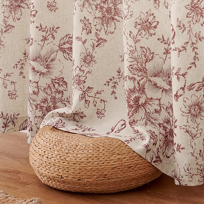 jinchan Lined Linen Blend Curtain Floral Curtains for Living Room 108 Inches Long Farmhouse Red Flower Printed Curtain Rod Pocket Back Tab Peony Patterned Drapes Curtains Set 2 Panels