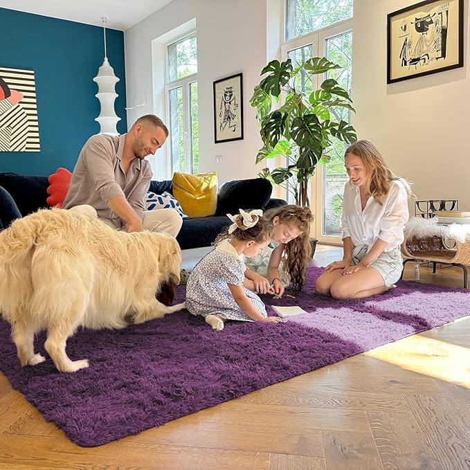 OLANLY 6x9 Machine Washable Large Area Rugs for Living Room, Bedroom, Soft Fluffy Shaggy Bedside Rug, Indoor Floor Carpet for Kids Girls and Boys, Dorms, Nursery, Home Decor Aesthetic, Dark Purple