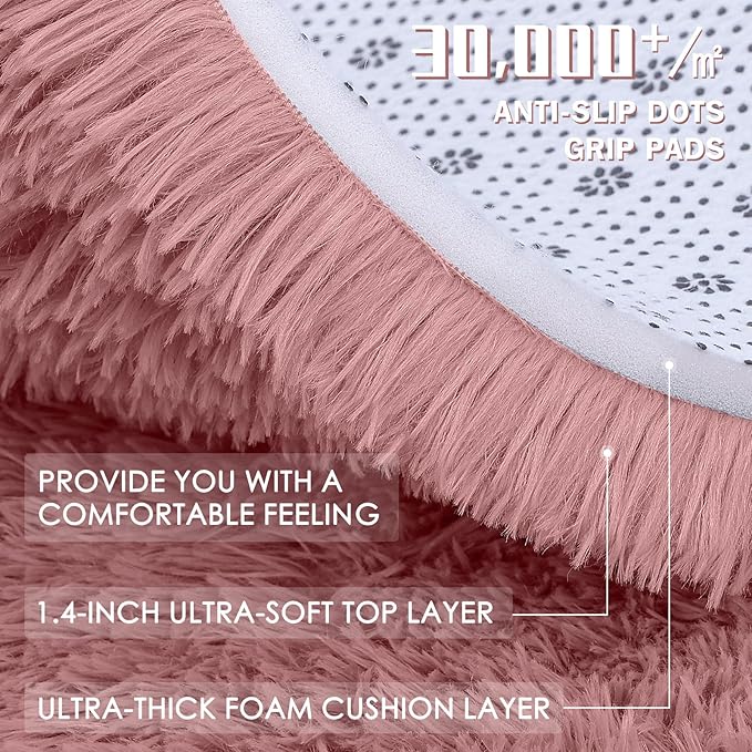 OLANLY Pale Pink Round Rugs for Bedroom - Machine Washable, 8 ft Circle Area Rugs for Living Room, Soft and Fluffy Shaggy Carpet for Teen Girls and Boys, Nursery Rooms, Dorms, Home Decor Aesthetic