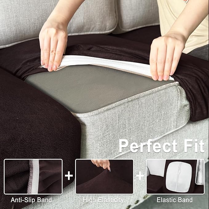 Leather Look Couch Cushion Covers Sofa Seat Slipcovers Sets Couches Furniture Protector for Sectional Armchair Loveseat Pets Kids Stretch Spandex Fabric (1 Cushion Loveseat, Chocolate)