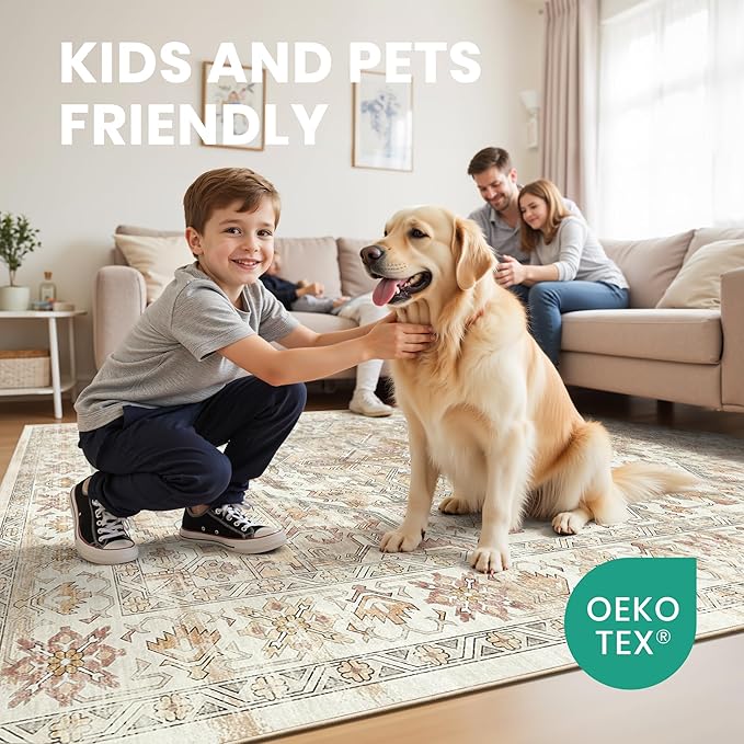 zesthome 5x7 Washable Rug-Stain Resistant Area Rugs for Living Room, Ultra-Thin Vintage Rugs, Non-Slip Backing Rug, Low Pile Large Area Rug, Boho Home Decor