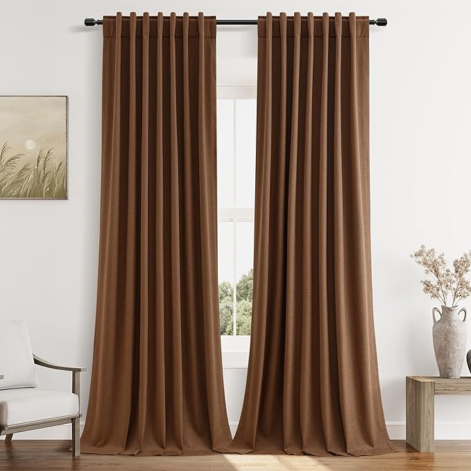 Guken 100% Blackout Linen Curtains 90 Inch Length 2 Panels Set for Living Room Bedroom Back Tab Thermal Insulated Black Out Linen Drapes Room Darkening Window Curtains,Caramel Brown