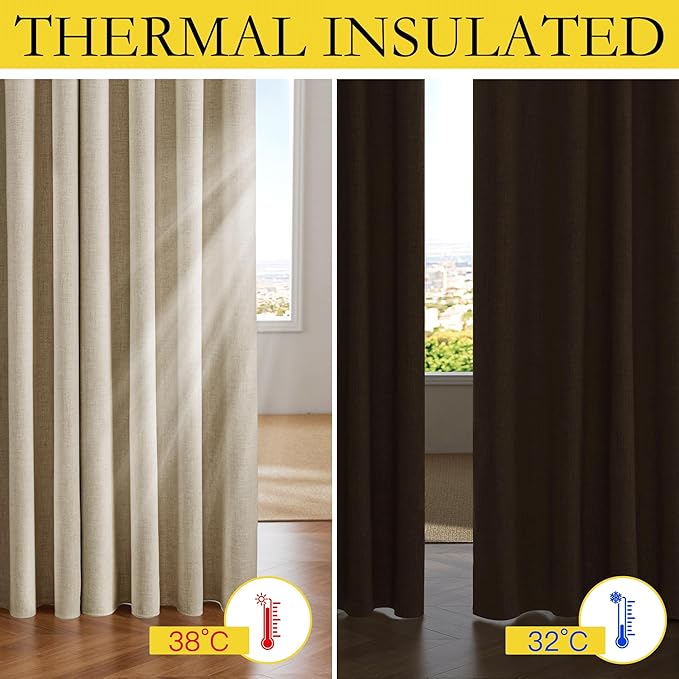 NICETOWN Cream 100% Blackout Linen Curtains 102 inch Long Burg for Living Room, 1 Pair, 62" Width Each Panel, Farmhouse Thick Completely Blackout Window Treatment Thermal Insulated Drapes