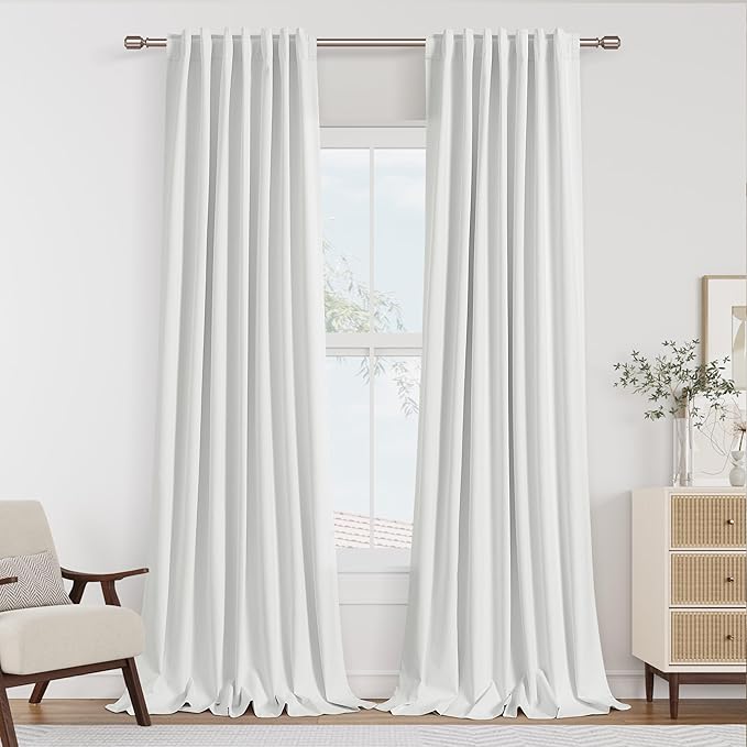 Guken White 100% Blackout Linen Curtains 108 Inch Length 2 Panels Set for Living Room Bedroom Back Tab Thermal Insulated Black Out Drapes Room Darkening Farmhouse Window Curtains 52x108