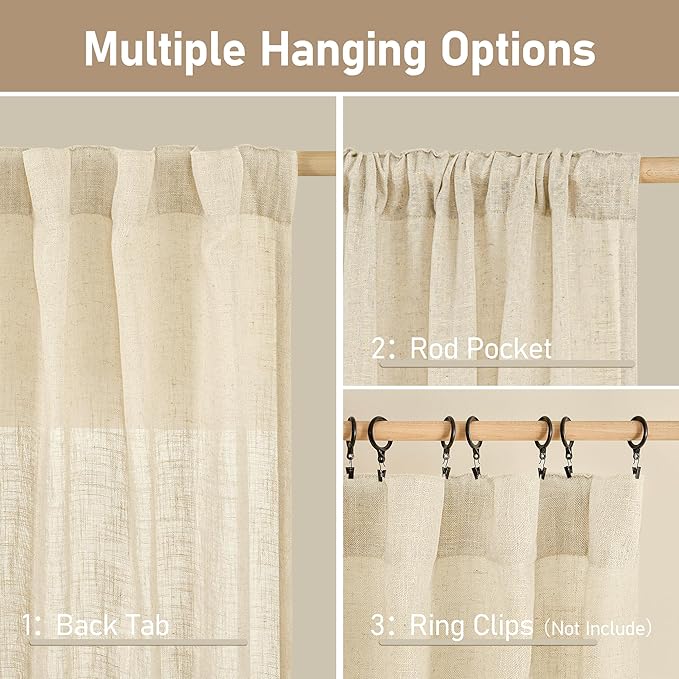 LAMIT Linen Curtains 60 Inch Length 2 Panels, Light Filtering Panels Back Tab and Rod Pocket Neutral Drapes for Bedroom/Window/Living Room, Beige, 34 x 60 Inch