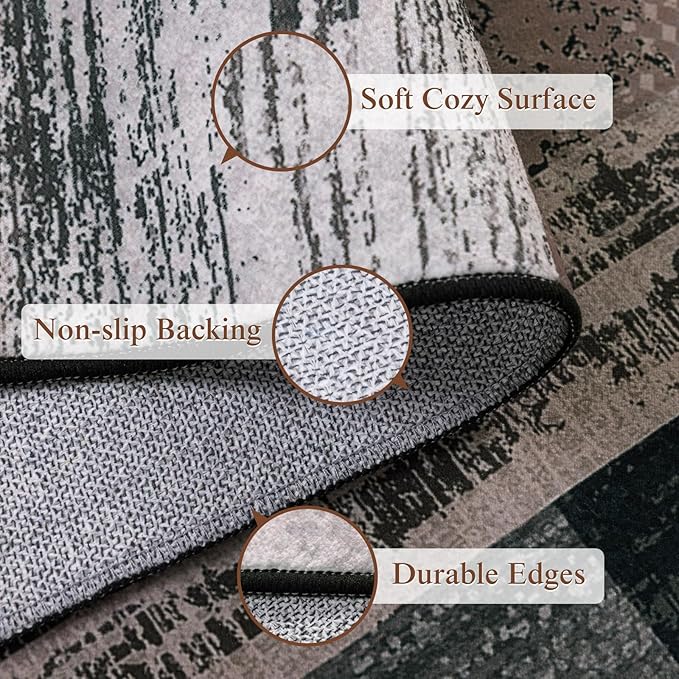 LIANLAM 6x9 Washable Area Rugs for Living Room and Bedroom, Vintage Checkered Pattern Non-Slip Carpet, Stain Resistant Low Pile Soft Rug for Dining Room,Office,Nursery,Kids Room(6x9,Gray)