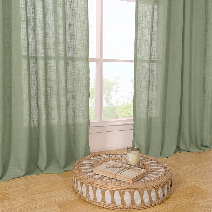 LAMIT Small Window Linen Curtains 45 Inches Long, Semi Sheer Light Filtering Panels Back Tab and Rod Pocket Drapes for Basement/Window/Kitchen, Sage Green, 2 Panels, 34 x 45 Inch