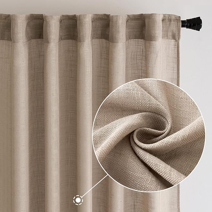 MIULEE Taupe Linen Curtains 90 Inch Length 2 Panels for Bedroom Living Room, Soft Thick Linen Textured Window Drapes Semi Sheer Light Filtering Back Tab Rod Pocket Burlap Look Decor, W37xL90