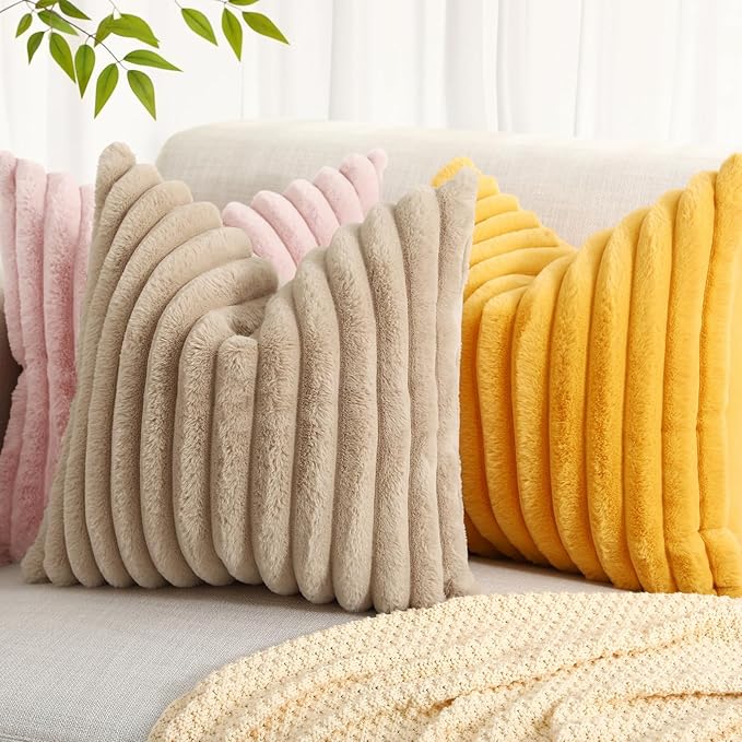 decorUhome Summer Cozy Faux Fur Throw Pillow Covers 20x20 Set of 2 Decorative Soft Plush Striped Modern Farmhouse Boho Couch Pillow Cases with Velvet Back for Sofa Bed Living Room, Pink
