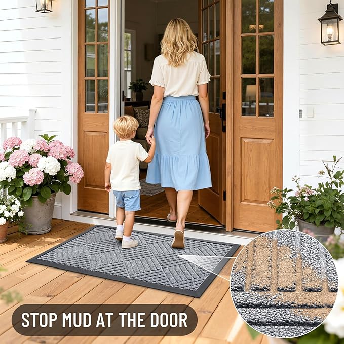 OLANLY Front Door Mat Outside Entrance 35x23, Absorbent, Heavy Duty Sturdy Natural Rubber Doormat Indoor Outdoor, Stain Fade Resistant, Non-Slip Low Profile Floor Mat Entryway, Charcoal Gray Diamond