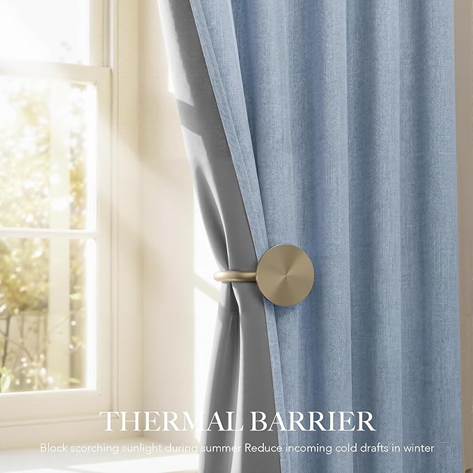 RYB HOME Linen Texture Curtains for Bedroom, 100% Blackout Thermal Insulated Curtains, Rod Pocket&Back Tab Room Darkening Drapes Luxury Decor for Living Room Nursery, W52xL90g, 2 Panels, Smoky Blue