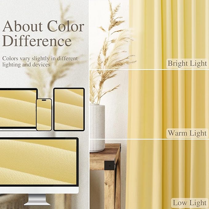 Yellow Linen Blend Drapes 84 Inch Length 2 Panels Set Back Tab Rod Pocket Light Filtering Privacy Semi Sheer Textured Curtain Neutral Farmhouse Decor for Living Room Bedroom Curtains 52x84