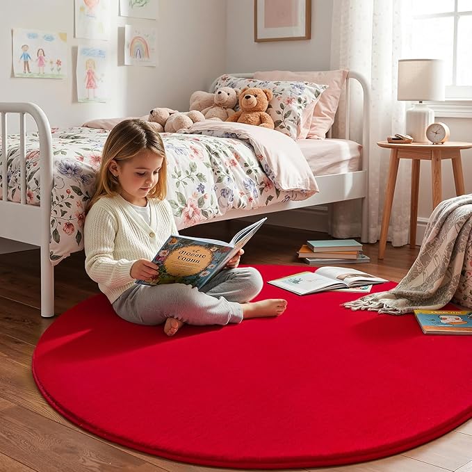 Amearea Red Round Area Rugs 4ft Washable Circle Rugs for Bedroom Living Room, Fluffy Indoor Thickened Memory Foam Rug, Non Slip Minimalist Circular Carpet for Kids Boys Girls Dorm Nursery Room Decor