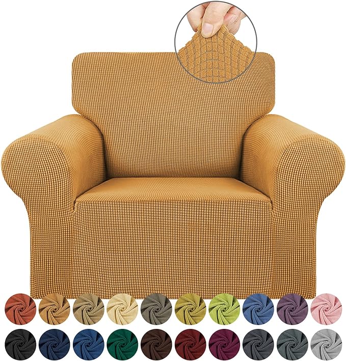 KEKUOU Stretch Single Sofa Slipcover 1 Piece Couch Sofa Cover (31"-55") Furniture Protector 1 Seater Sofa with Elastic Bottom for Kids,Pet.Jacquard Small Checked Pattern Fabric(Small,Golden)