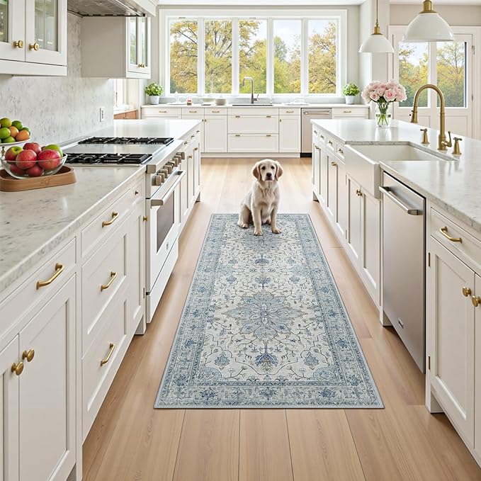 Area Rugs 3'x6' Runner Rug Non Slip Washable for Kitchen Hallway Bedroom Beside Laundry Room Bathroom Rug, Floor Carpet, Light Blue Navy Beige Gray White