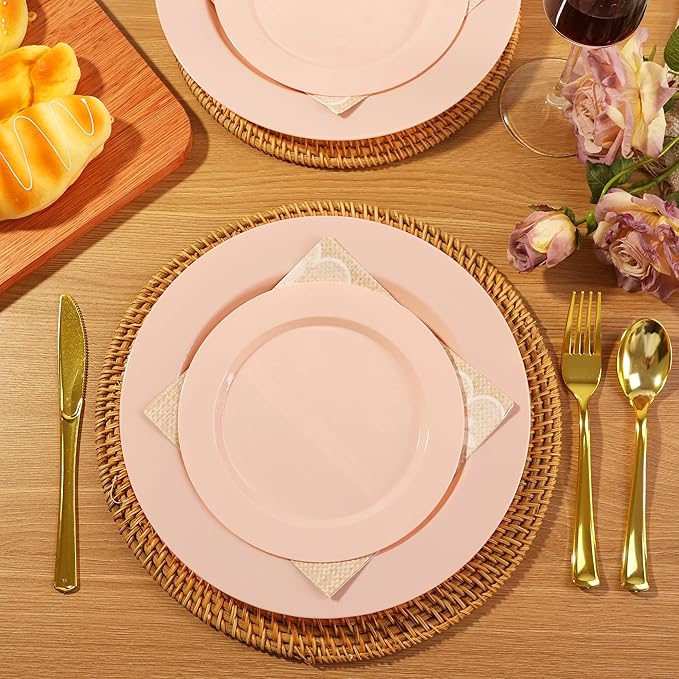 100 PCS Pink Plastic Plates, Plastic Disposable Plates Include 50 Dinner Plate and 50 Dessert Plate Perfect for Holiday, Birthday, Wedding & Party