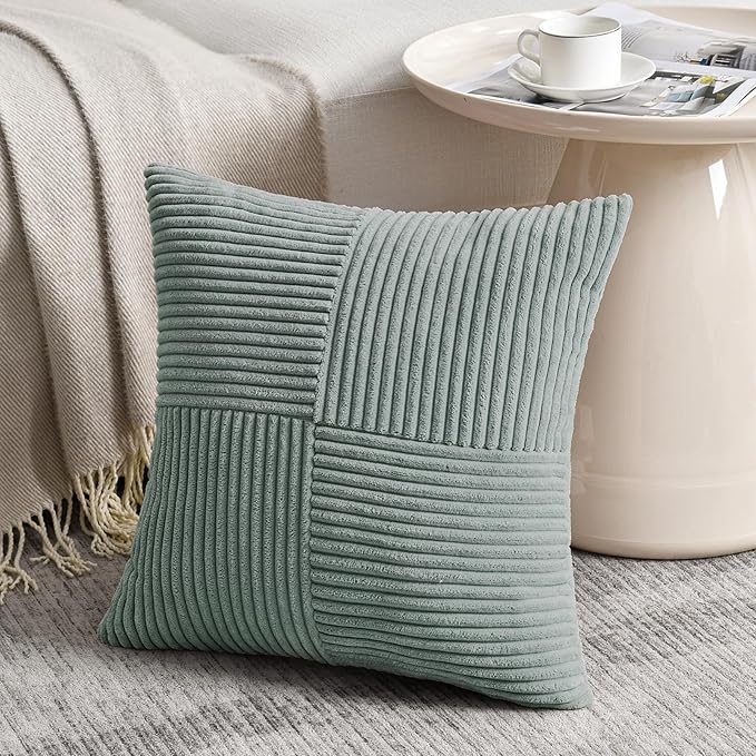 Fancy Homi 2 Packs Grey Blue Euro Decorative Throw Pillow Covers 24x24 Inch for Couch Bed Sofa, Rustic Farmhouse Boho Home Decor, Soft Corss Corduroy Patchwork Accent Big Square Cushion Case 60x60 cm