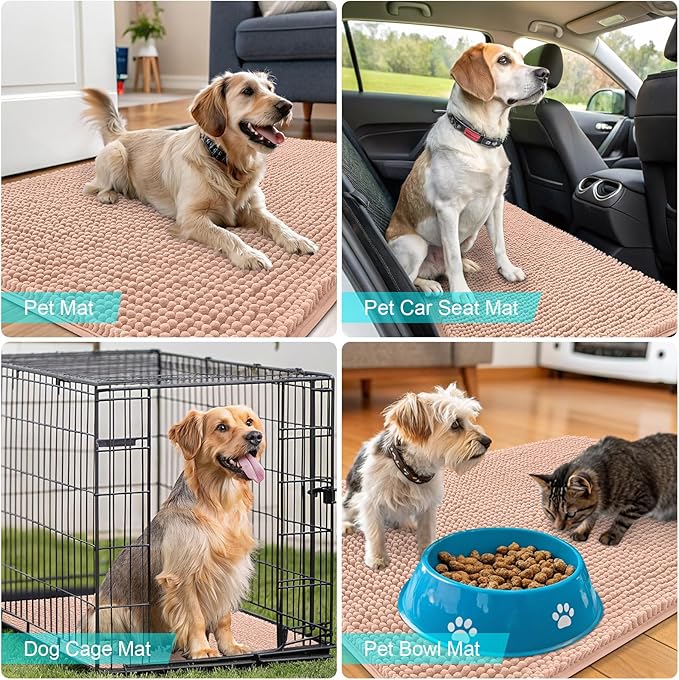 OLANLY Dog Door Mat for Muddy Paws 32x20, Absorbs Moisture and Dirt, Absorbent Non-Slip Washable Doormat, Quick Dry Chenille Mud Mat for Dogs, Entry Indoor Entryway Carpet for Inside Floor, Peach