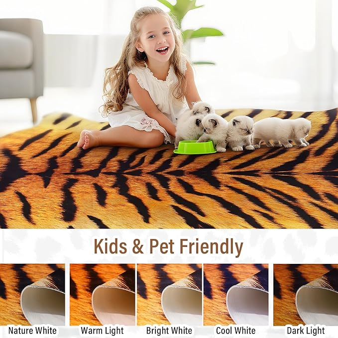 AROGAN Premium Tiger Print Rug 5.2x6.2 Feet, Machine Washable Faux Fur Rug, Non-Slip Animal Print Hide Tiger Skin Area Rug for Bedroom Living Room Home Decor