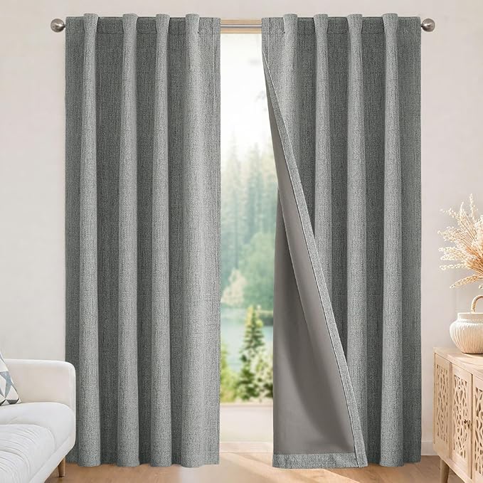 Joydeco Blackout Curtains for Bedroom - 108 Inch Long 100% Light Blocking 2 Panels Light Grey Drapes, Thermal Insulated Room Darkening Curtains, Linen Textured for Living Room, Rod Pocket & Back Tabs