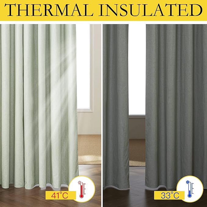 NICETOWN Sage Green High-End Thermal Flax Linen Curtains, 62" Wide Per Panel, Set of 2, Full Blackout Privacy Drapes 72" Long for Dining Room, Soundproof Window Treatment Panels for Hall Room