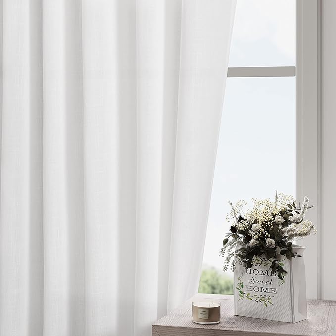 Nanspring White Semi Sheer Linen Textured Valances for Small Short Windows 2 Panels Set Back Tab Rod Pocket Light Filtering Linen Curtains for Kitchen Kids Room Breathable Home Decor 52x30